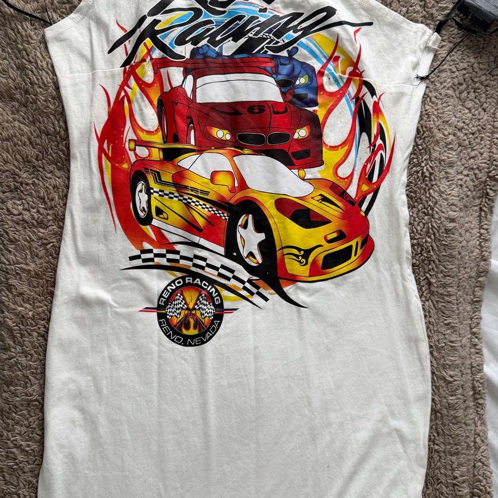 Forever 21 White Tank Top with Red & Yellow Racing Cars